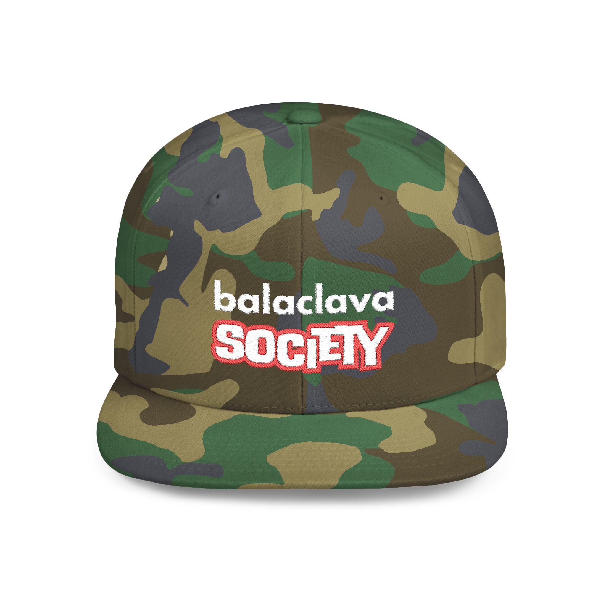 Balaclava Society Embroidered Snapback Hat (Green Camo)
